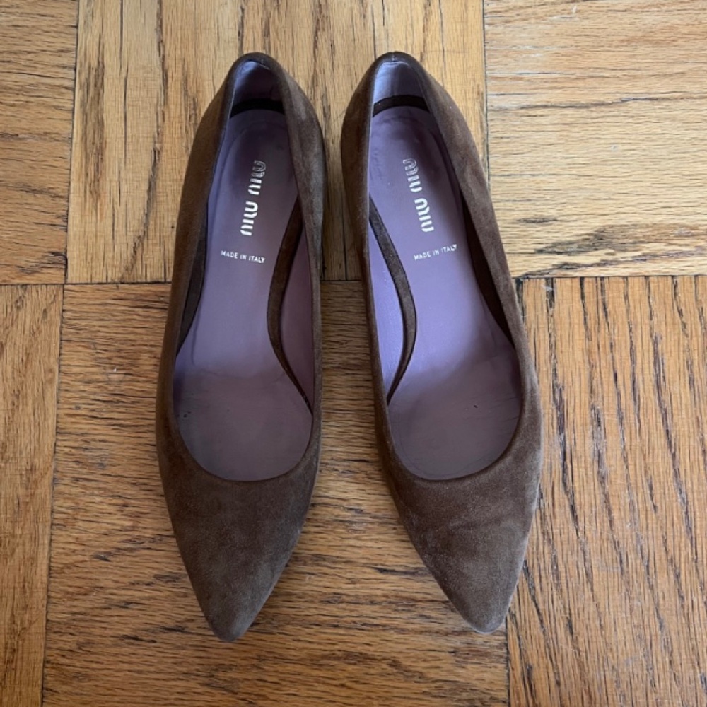 Miu Miu Pointed Toe Brown Suede Ballet Flats - 38.5